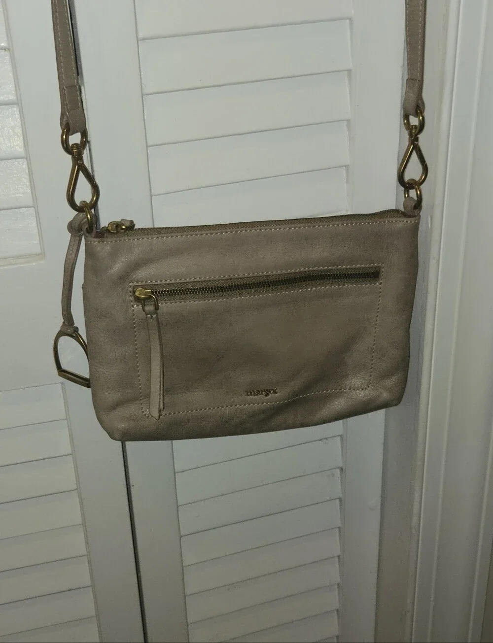 Margot New York Taupe Greige Genuine Leather Crossbody Bag Purse Equestrian Clip